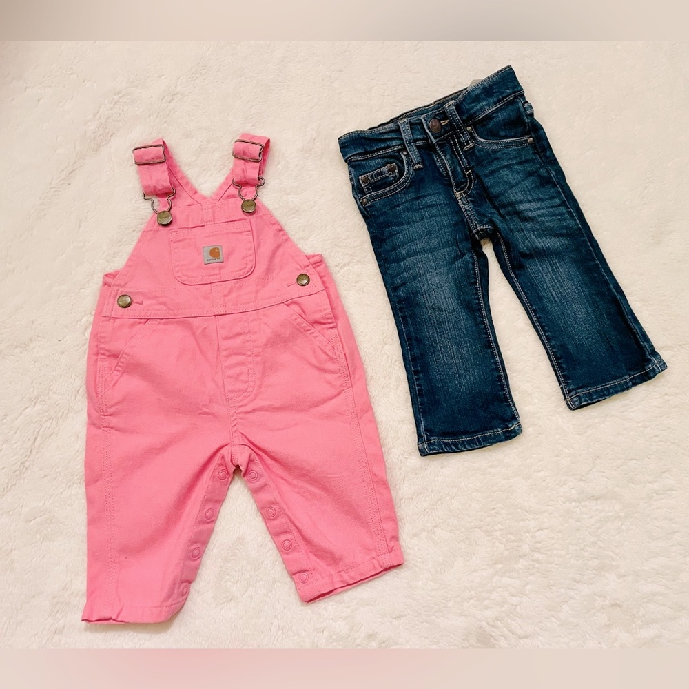 Baby Girl Lot 3 Month Carhartt Pink Overalls & 12 Month Wrangler Jeans